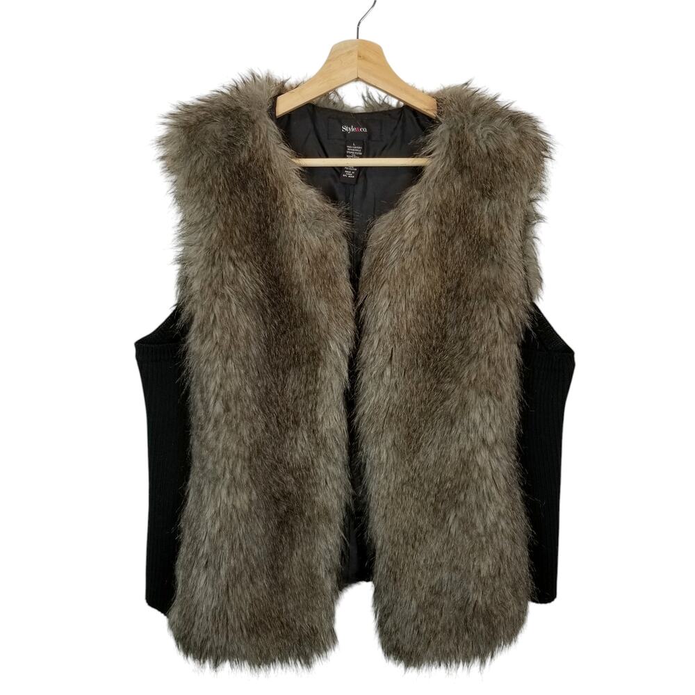 Style & Co. Women's Faux Fur Open Front Vest Black Gray Size Large - Picture 1 of 4